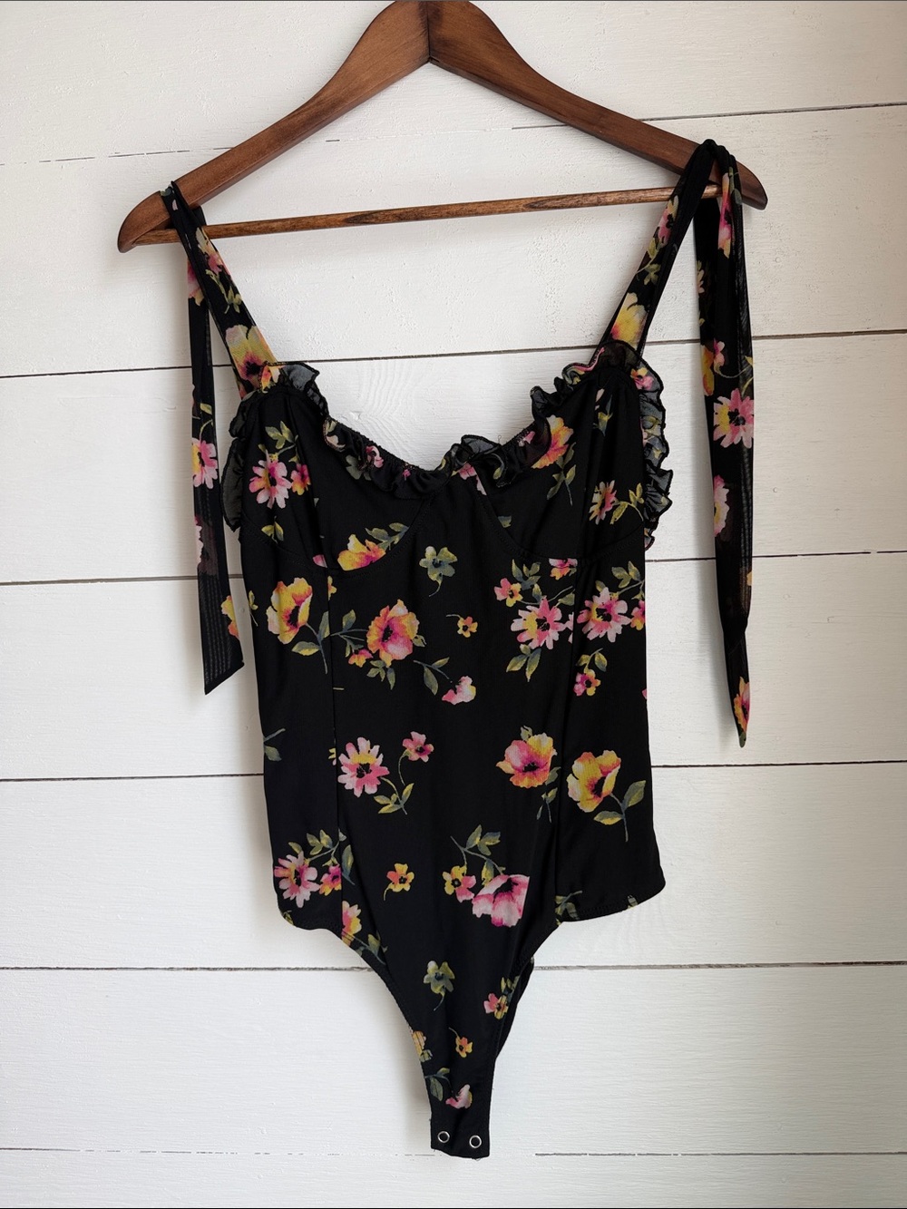 Forever 21 Black Floral Tie-Strap Bodysuit
